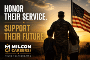 Soldier with two children at sunset beside an American flag, featuring the message “Honor their service. Support their future.” for MilConCareers.org