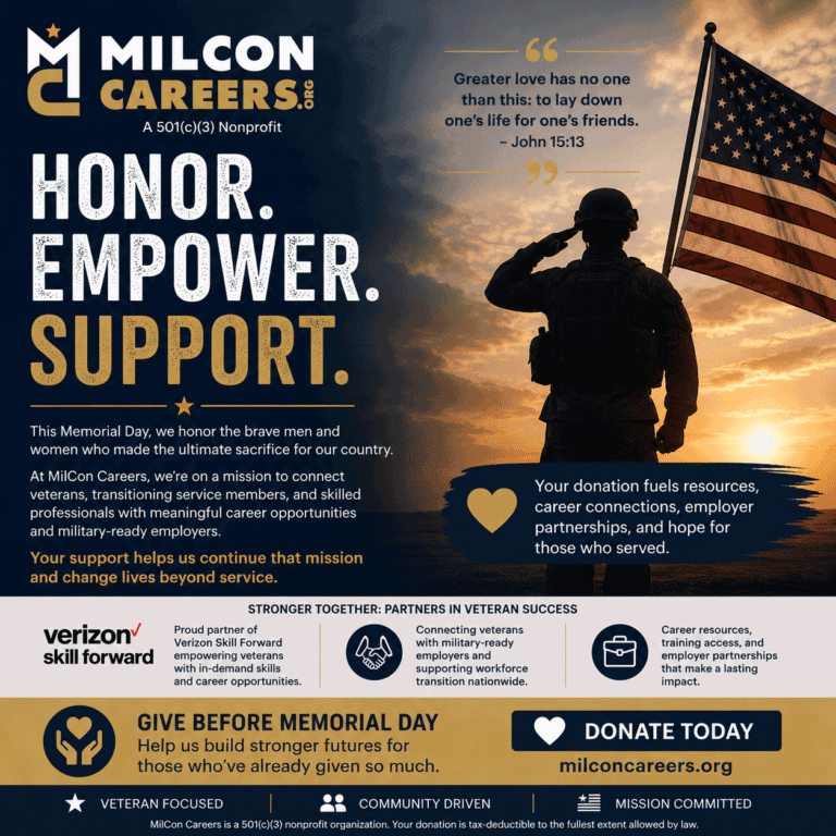 Memorial Day poster for MilCon Careers: silhouette soldier salutes beside an American flag at sunset, with headline 'Honor. Empower. Support.' and donation text.