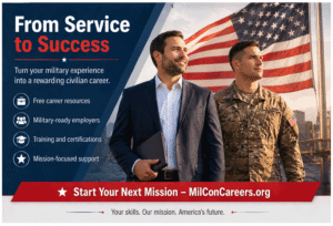 Banner promoting veteran careers: a businessperson and a soldier stand before an American flag, with 'From Service to Success' and listed resources on the left.