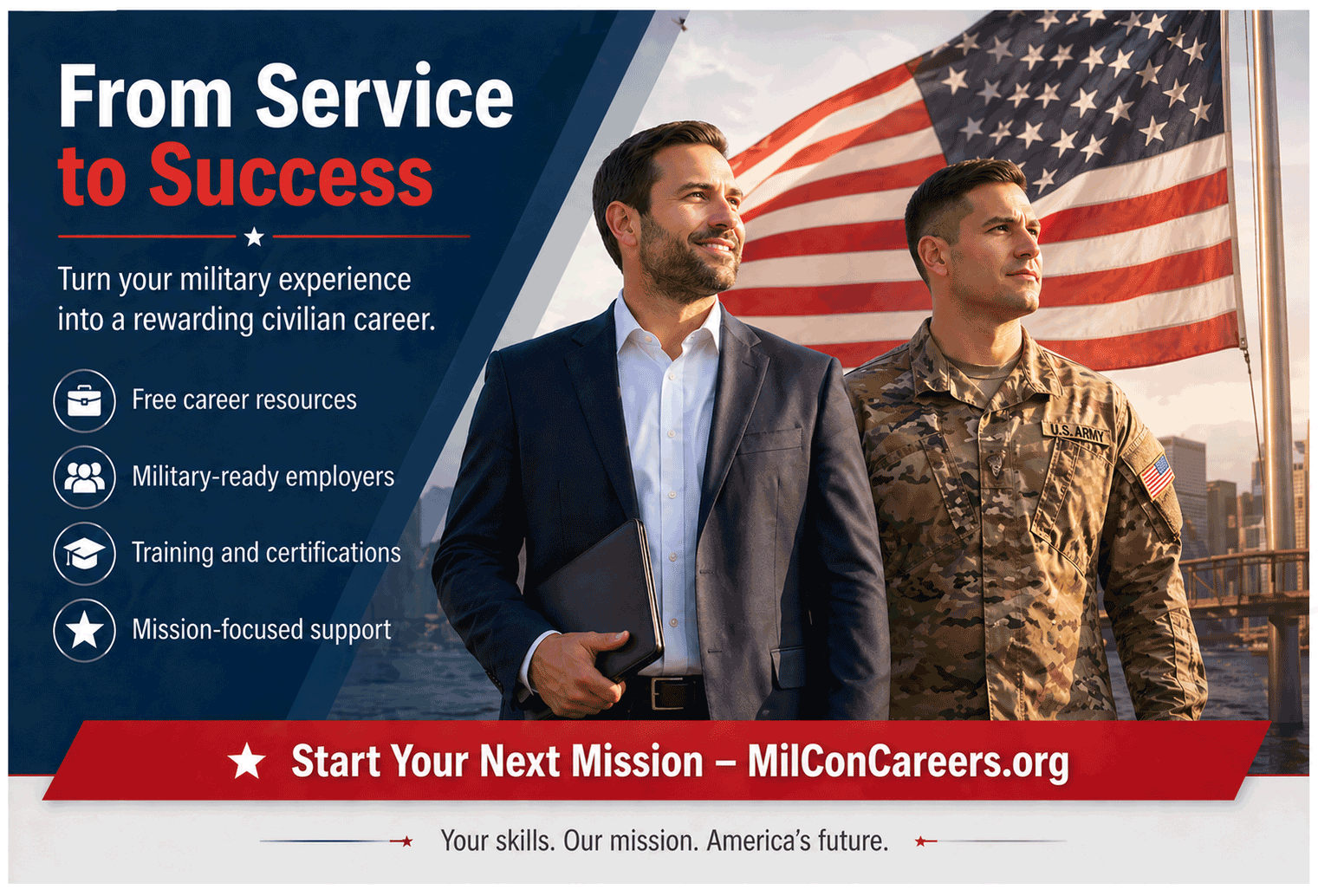 Banner promoting veteran careers: a businessperson and a soldier stand before an American flag, with 'From Service to Success' and listed resources on the left.