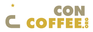 Brand logo featuring a large beige 'C' with a gold star above and the stacked wordmark 'CON COFFEE' in beige and gold, with '.ORG' vertical on the right.