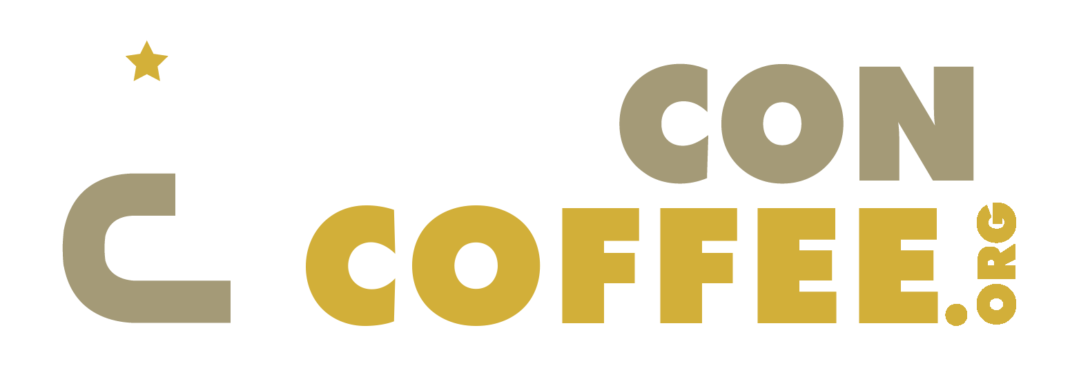 Brand logo featuring a large beige 'C' with a gold star above and the stacked wordmark 'CON COFFEE' in beige and gold, with '.ORG' vertical on the right.