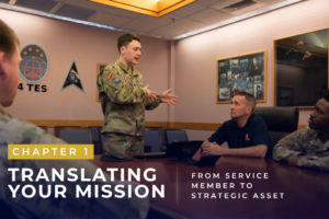 Soldier presenting to two colleagues in a briefing room; overlay reads 'Chapter 1 Translating Your Mission' and 'From Service Member to Strategic Asset'.