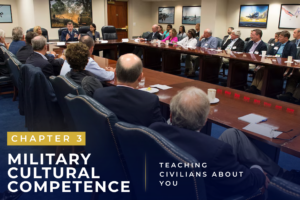 Group of professionals seated around a long conference table in a boardroom; overlay text reads Chapter 3: Military Cultural Competence — Teaching Civilians About You.