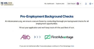 Pre-Employment Background Checks heading with description and partner logos Allio and FirstAdvantage on Milcon Careers site.