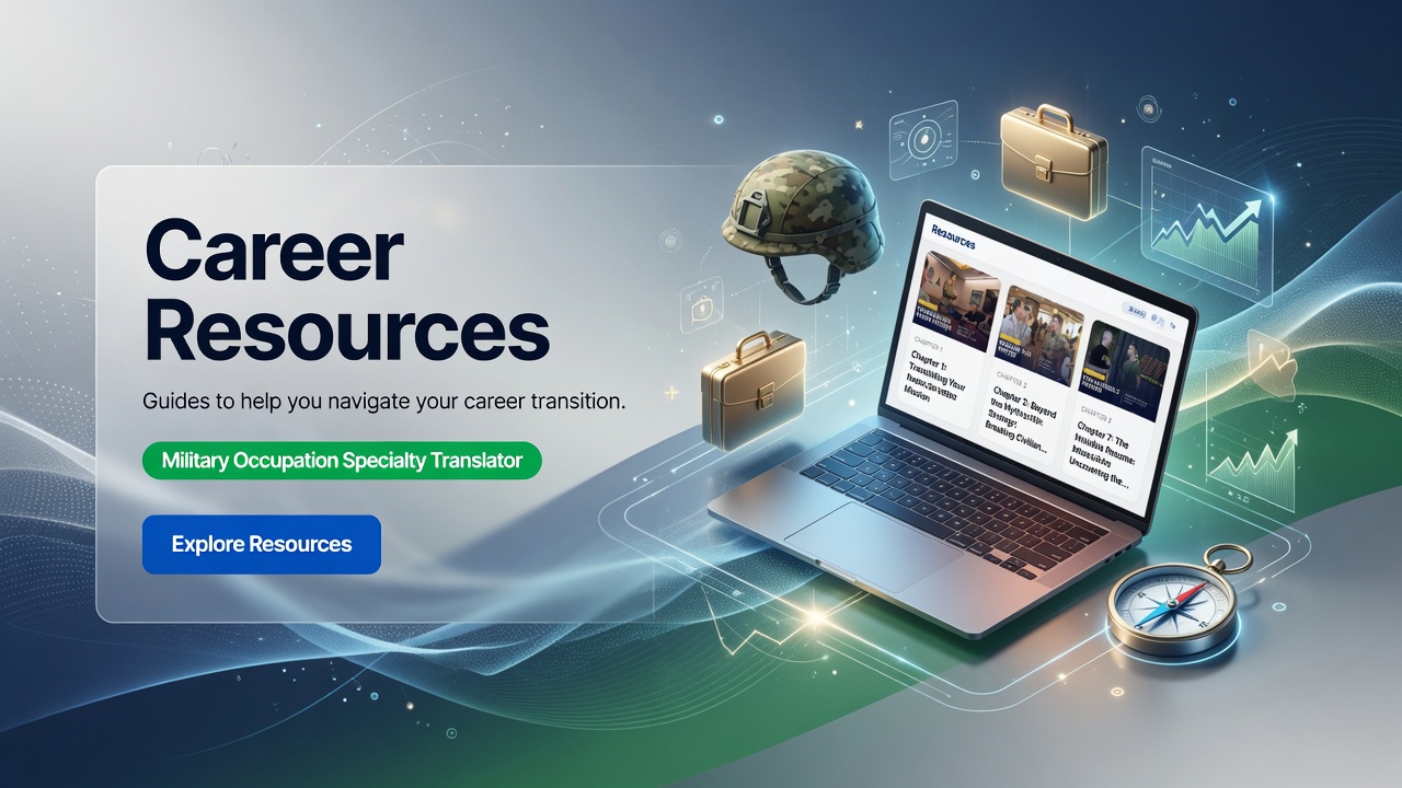 Hero banner titled 'Career Resources' with a laptop, helmet, briefcases and compass on a tech-themed background. Includes buttons: 'Military Occupation Specialty Translator' and 'Explore Resources'.