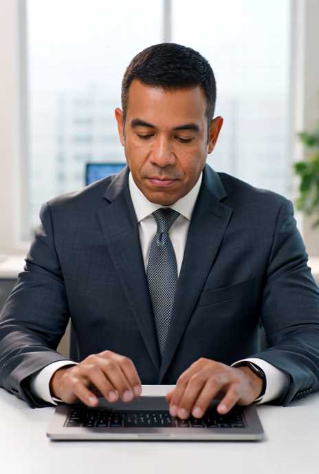 Professional man in a dark suit typing on a laptop at a clean office desk, focused on work.
