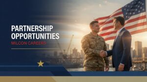 Handshake between a soldier in uniform and a civilian in a suit against a city skyline and the US flag, promoting Partnership Opportunities and MILCON careers.