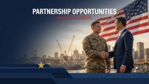 Soldier and civilian businessman shake hands at the harbor with an American flag, promoting partnership opportunities and MILCON careers.