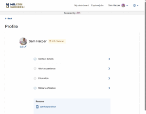 Profile page for Sam Harper showing a U.S. Veteran badge and editable avatar, with sections for Contact details, Work experience, Education, and Military affiliation, plus a resume file named samharper.docx