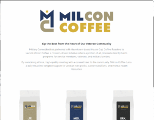Milcon Coffee hero: logo, headline about supporting veterans, two descriptive paragraphs, and three product bags labeled LTE, MED, DRK below.