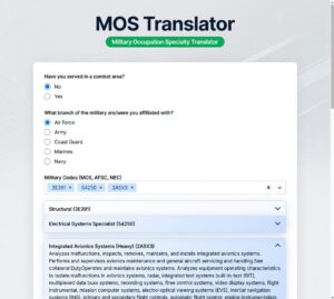 Screenshot of the MOS Translator form asking about combat-area service, with 'No' and 'Air Force' selected and code tags below.