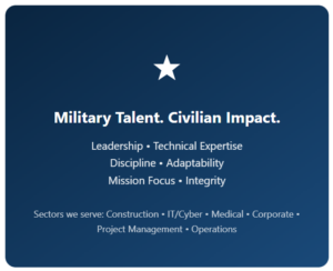 Blue gradient hero card with a white star, title 'Military Talent. Civilian Impact.', listing core values (Leadership, Technical Expertise, Discipline, Adaptability, Mission Focus, Integrity) and sectors (Construction, IT/Cyber, Medical, Corporate, Project Management, Operations).