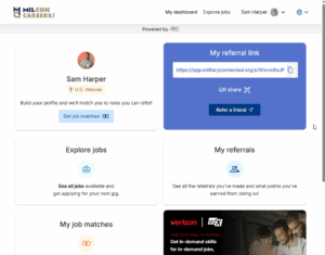 Dashboard showing Sam Harper's profile with a U.S. Veteran badge and a 'Get job matched' button, plus a blue 'My referral link' panel with a shareable URL and 'Refer a friend' button.
