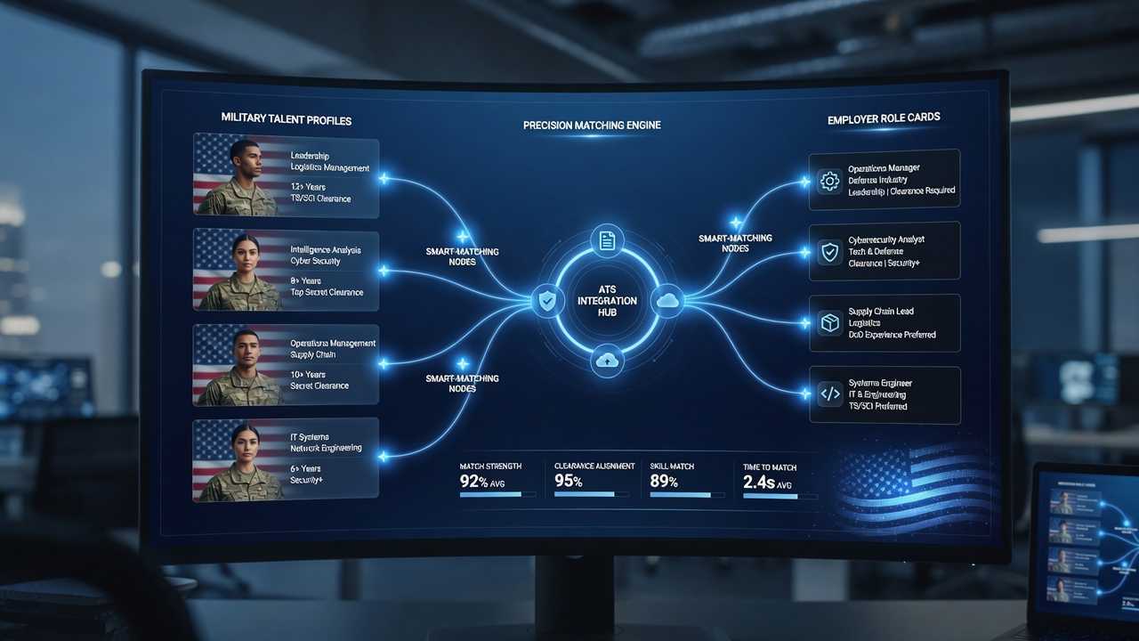 Futuristic dashboard showing ATS Integration Hub connecting military profiles to employer roles with smart-matching nodes and connecting lines.