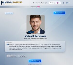 Online interview interface showing a smiling man as the Virtual Interviewer (Alex) with the title 'Virtual Interviewer' and a Start Speaking button on a blue gradient background.