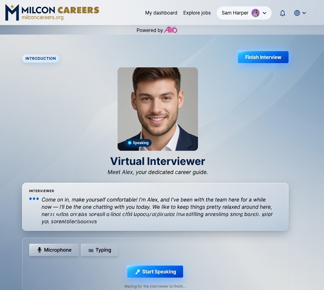 Online interview interface showing a smiling man as the Virtual Interviewer (Alex) with the title 'Virtual Interviewer' and a Start Speaking button on a blue gradient background.