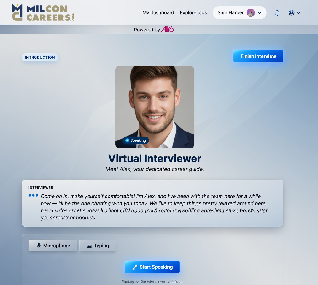 Milcon Careers virtual interview interface with a portrait labeled Speaking; headline 'Virtual Interviewer' and subheading 'Meet Alex, your dedicated career guide', and a Start Speaking button.