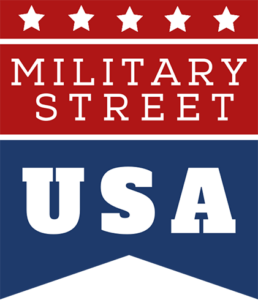 Patriotic banner with red section and white stars, text 'MILITARY STREET' above a blue section with large 'USA' text.