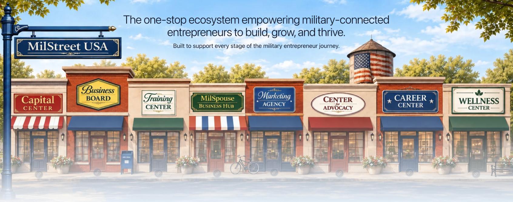 Row of storefronts with MilStreet USA signs and a large banner about empowering military-connected entrepreneurs.